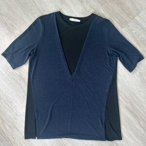 Navy V‑Neck Top | Linen Silk Feel | Minimalist | Size XS